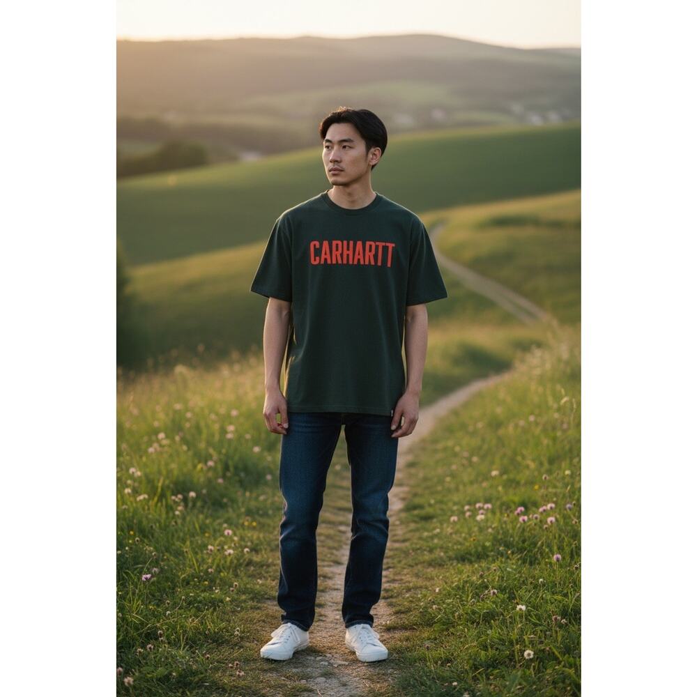 Carhartt Men's Short Sleeve Embossed Logo T-shirt - Green Orange Size Large